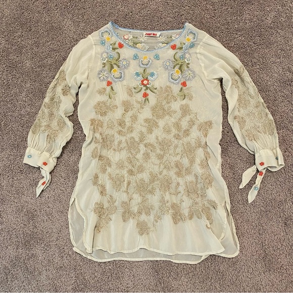 Johnny Was Embroidered Cream Blouse with Floral Accents - Picture 2 of 5